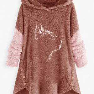 Casual Cat Fluff Hoodie Sweatshirt, Hoodies & Sweatshirts, color:Pink|size:XXL, Noracora