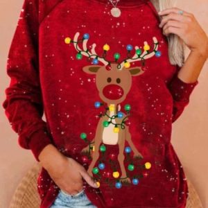 Christmas Xmas Long Sleeve Round Neck Printed Top Sweatshirt, Hoodies & Sweatshirts, color:Red|size:3XL, Noracora