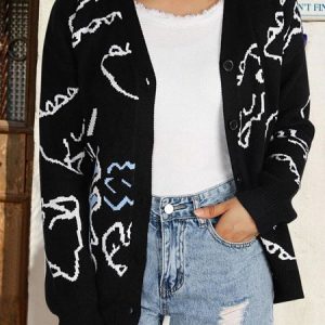 Cartoon Loose V Neck Casual Cardigan, Cardigans, color:Black|size:XL, Noracora