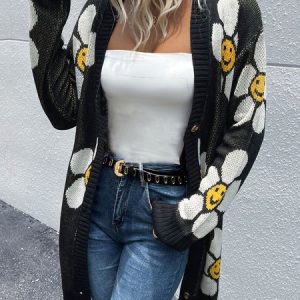 Floral Loose Casual Cardigan, Cardigans, color:Black|size:L, Noracora