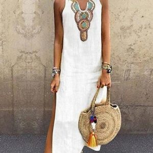 JFN Cotton V Neck Floral Tribal Casual Mexican Dress, JustFashionNow Casual Dresses, color:White|size:XXL,
