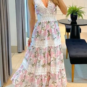 Casual V Neck Loose Lace Dress, Maxi, color:Pink|size:XL, Noracora