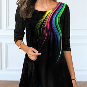 Crew Neck Abstract Long sleeve Casual Tunic T-Shirt, T-shirts, color:Black|size:XXL, Noracora