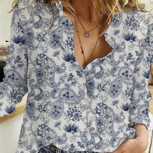 Long Sleeve Paisley Printed Blouse, Shirts, color:Blue|size:3XL, Noracora
