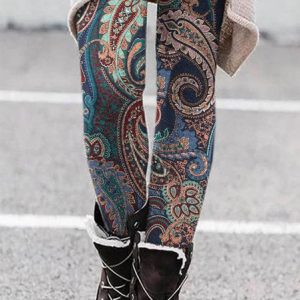 Floral Print Skinny Warm Legging, Leggings, color:Multicolor|size:XXL, Noracora