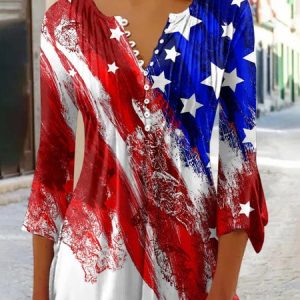 Casual Loose America Flag Notched Shirt, Blouses, color:Color5|size:5XL, Noracora