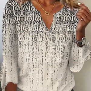 Women Casual Ethnic Autumn Polyester V neck Micro-Elasticity Daily Regular Regular Top, Blouses, color:Khaki|size:XXL, Noracora