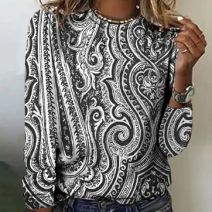 Casual Crew Neck Ethnic Shirt, Blouses, color:Black|size:5XL, Noracora