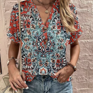 Striped Buckle Casual Shirt, Blouses, color:Crimson|size:3XL, Noracora