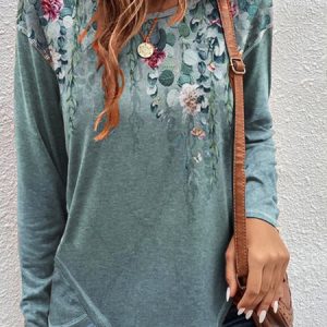 Floral Casual Crew Neck T-Shirt tunic, Blouses, color:Green|size:XXL, Noracora
