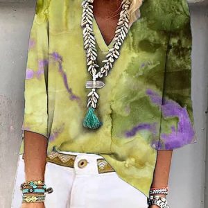 Casual V Neck Polyester Fibre Abstract Printed Blouse, Blouses, color:Yellow|size:3XL, Noracora
