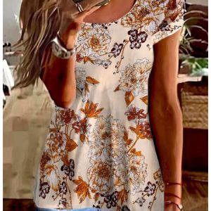 Loose Floral Crew Neck Casual Shirt, Blouses, color:Khaki|size:4XL, Noracora
