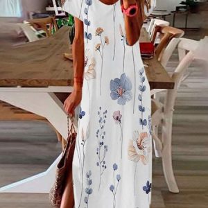 Floral Crew Neck Casual Jersey Dress, Maxi, color:White|size:5XL, Noracora