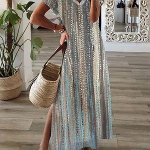 Casual Abstract V Neck Short Sleeve Loose Dress, Maxi, color:Multicolor|size:XXL, Noracora