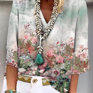 Women's Floral Three Quarter Sleeve Blouse_ Spring/Fall V Neck Daily Casual Top, JustFashionNow Shirts, color:Multicolor|size:XXL,