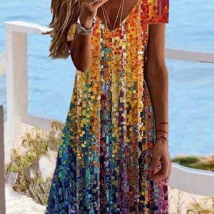 V Neck Loose Casual Dress, Short, color:Multicolor|size:XXL, Noracora
