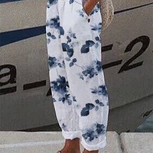Plus Size Floral Casual Loose Pants, BOTTOM, color:White|size:4X, Noracora