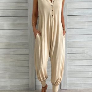 Loose Jersey Plain Casual Hoodie Jumpsuit, Jumpsuits&Rompers, color:Apricot|size:XXL, Noracora