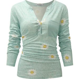 Long Sleeve Cotton Floral Blouse, Shirts, color:Lightgreen|size:3XL, Noracora