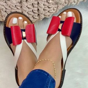 Contrast Paneled Bow Flat Slippers, Slippers, color:Red|size:43, Noracora
