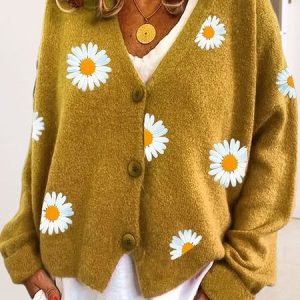 Buckle Casual Loose Floral Cardigan, Cardigans, color:Yellow|size:XXL, Noracora