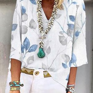 Casual Leaf Loose V Neck Shirt, Blouses, color:White|size:XXL, Noracora