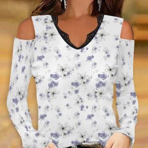 Butterfly V Neck Casual Lace Shirt, Blouses, color:Purple|size:3XL, Noracora