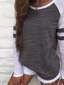 Crew Neck Vintage Long Sleeve Stripes T-shirt, T-shirts, color:Gray|size:3XL, Noracora