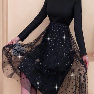 Plain Long Sleeve V Neck Mesh Casual Dress, Midi, color:Black|size:3XL, Noracora