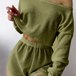 Plain Crew Neck Regular Fit Casual Pajama Set, Pajamas, color:Green|size:L, Noracora