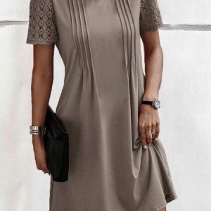 Lace Crew Neck Short Sleeve Casual Loose Dress, Short, color:Coffee|size:XXL, Noracora