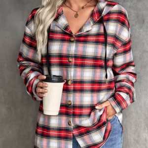 Plaid Hoodie Casual Long sleeve Outwear, Jackets, color:Red|size:XXL, Noracora