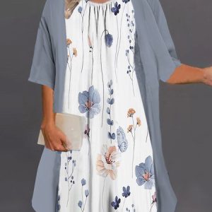 Loose Floral Casual Crew Neck Two-Piece Set, SET, color:Light Gray|size:4X, Noracora