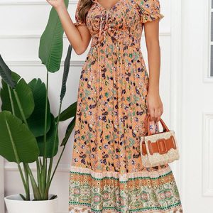 Cashew Flowers Regular Fit Boho Dress, Maxi, color:Orange|size:XXL, Noracora