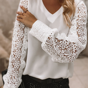 Lace Halter Casual Long Sleeve Top, Tops, color:White|size:XXL, Noracora