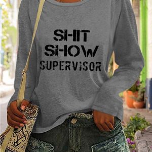 Casual Text Letters V Neck Long Sleeve T-Shirt, T-shirts, color:Gray|size:3XL, Noracora