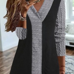 Casual V Neck Long sleeve Loose Top tunic, Blouses, color:Gray|size:XXL, Noracora