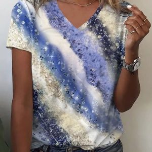 Abstract Print V Neck Casual Short Sleeve T-Shirt, T-shirts, color:Blue|size:3XL, Noracora