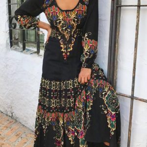 Boho U-Neck Cotton Long Sleeve Blends Knitting Dress, Maxi, color:Black|size:XXL, catalog Noracora shop