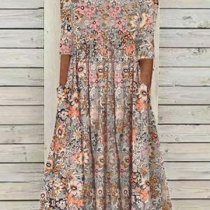 Loose Casual Floral Short Sleeve Woven Dress, Midi, color:Multicolor|size:XXL, catalog Noracora shop