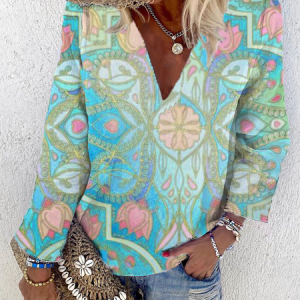 Plus size Long Sleeve Hippie Printed Tops, Blouses, color:Blue|size:3XL, Noracora