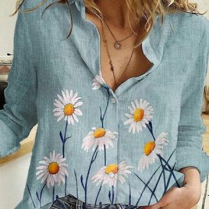 Floral Loose Casual Shirt Collar Long Sleeve Blouse, Shirts, color:Green|size:5XL, Noracora