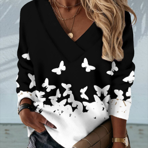 Casual V Neck Butterfly Jersey Sweatshirt, Hoodies & Sweatshirts, color:Black|size:XXL, Noracora