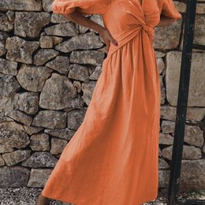 Plain Casual Regular Fit Cross Neck Dress, Maxi, color:Orange|size:XL, Noracora
