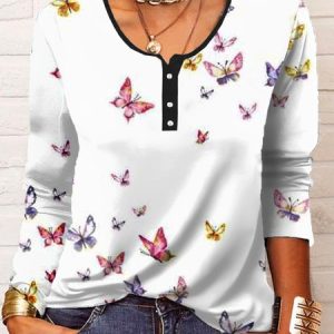 Casual Butterfly Printed Blouse, Blouses, color:Multicolor|size:XXL, Noracora