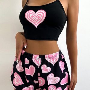 Spaghetti Casual Heart/Cordate Lounge Set, Pajamas, color:Black|size:XL, Noracora
