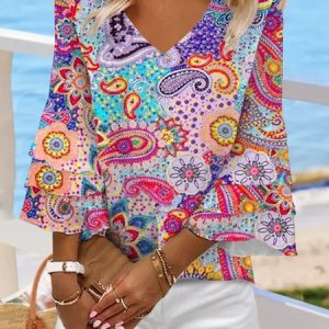 Tribal Boho V Neck Ethnic Blouses, Blouses, color:Multicolor|size:XXL, Noracora