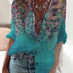 Women's Casual Daily Casual Loose Floral Stand Collar Long Sleeve Tunic Blouse, Shirts, color:Blue|size:XXL, Noracora