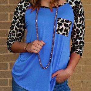 Vintage Leopard 3/4 Sleeve Printed T-shirt, T-shirts, color:Blue|size:3XL, Noracora