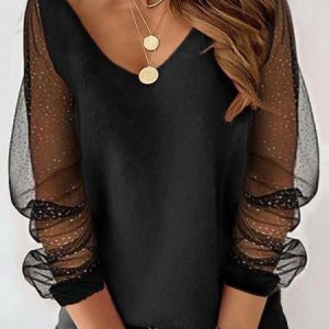 Casual Long Sleeve V Neck Top T-shirt, T-shirts, color:Black|size:XXL, Noracora